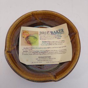 BRIE BAKER Pottery Dish Fluted Bowl Glazed Brown & Turquoise with Floral Pattern